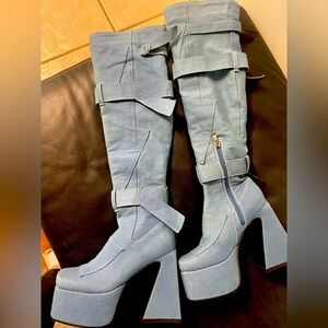 Women Retro Denim Boots Block Heels Buckle Strap Zip Platform Sz 35
